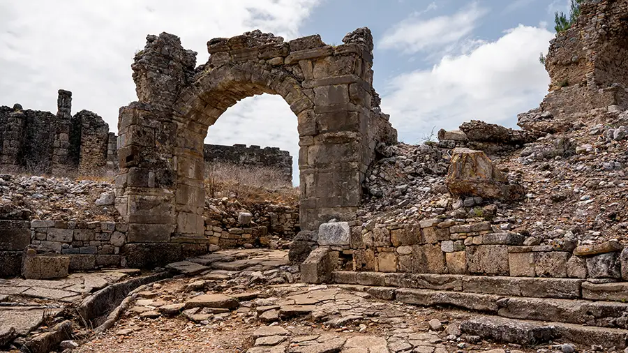 Aspendos ancient ruins. City gates in Aspendos