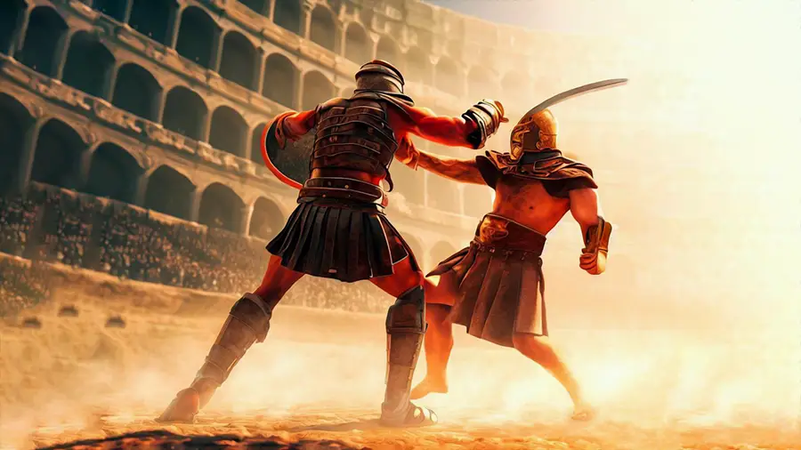 Gladiators fighting in the Colosseum arena