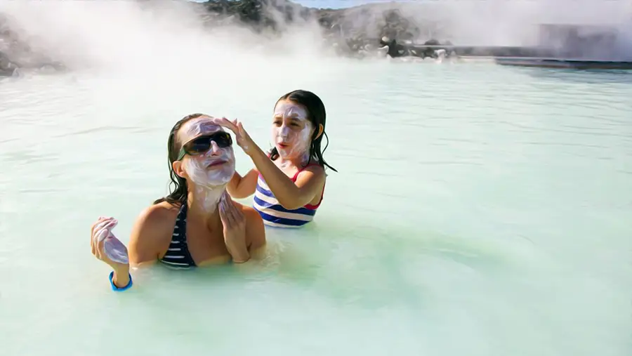 Therapeutic baths is the Blue Lagoon on the Reykjanes Peninsula in Iceland. 