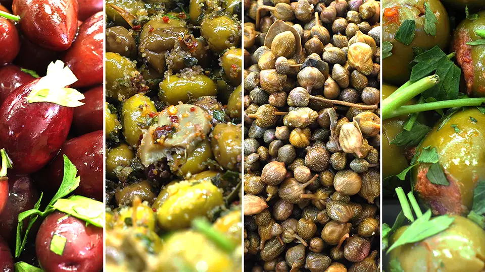 Marsaxlokk fish market. Olives and vegetable salads at the market