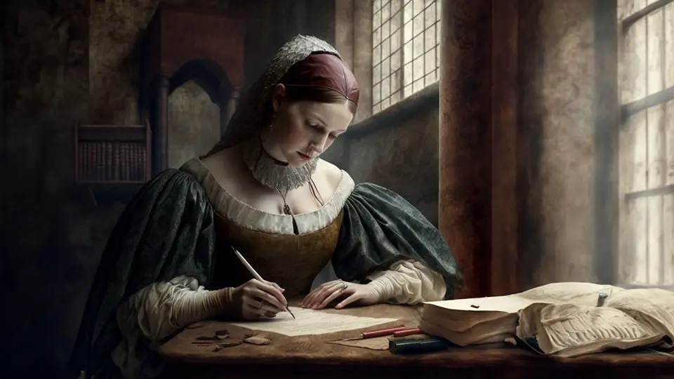 A woman writes a letter on the table AI