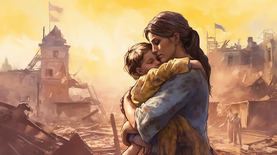Mother and child in the ruins war AI