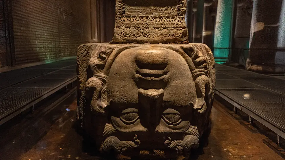 Basilica Cistern Istanbul in Turkiye. Greek Medusa.