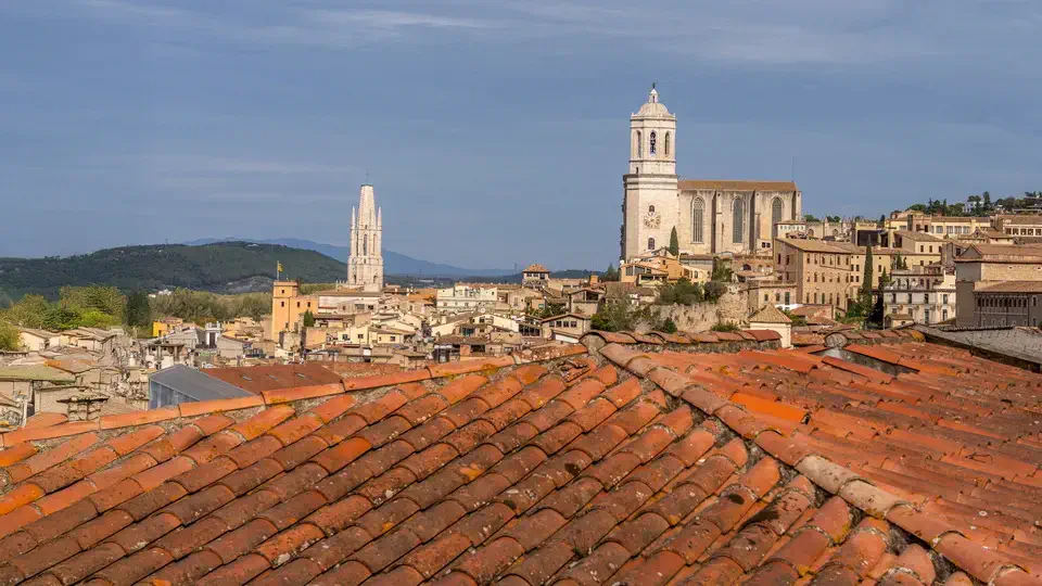 Girona Cathedral and city view.
