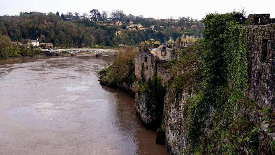 Chepstow Castle in Wales and Wye River.