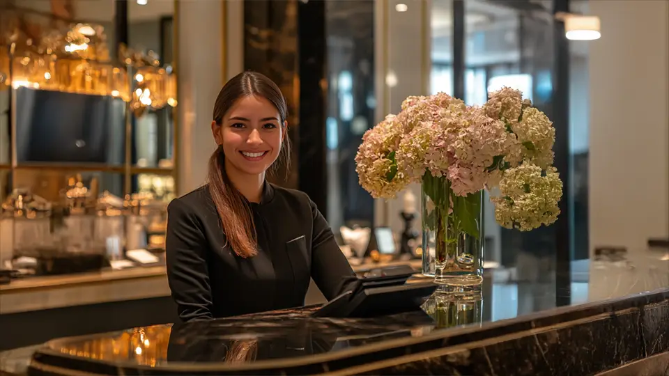 Hotel, girl and lobby AI.